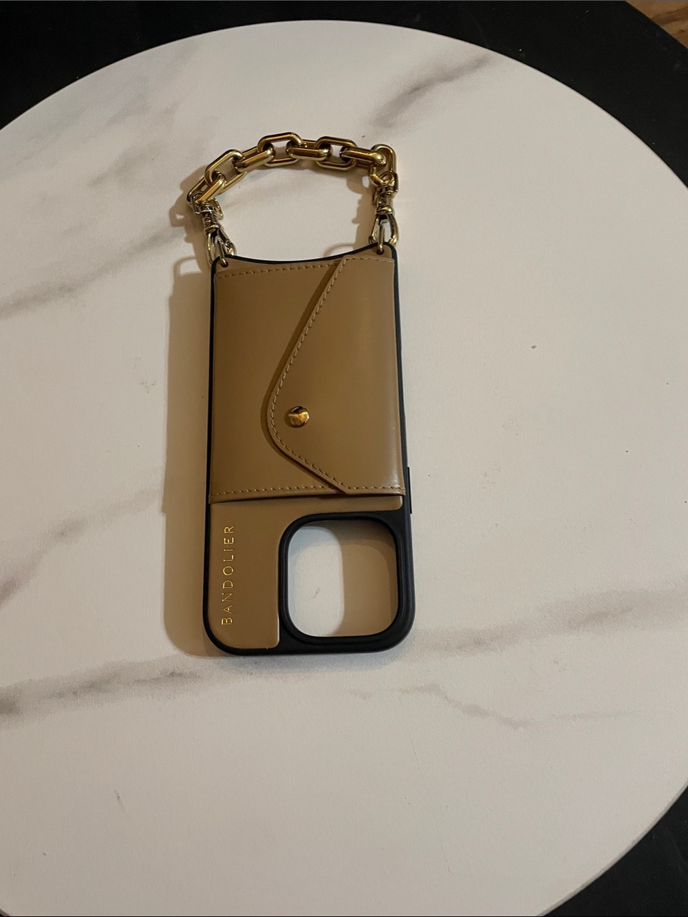 iPhone 16 Pro Bandolier Tan Leather Phone Case with gold chain and Card Pocket
